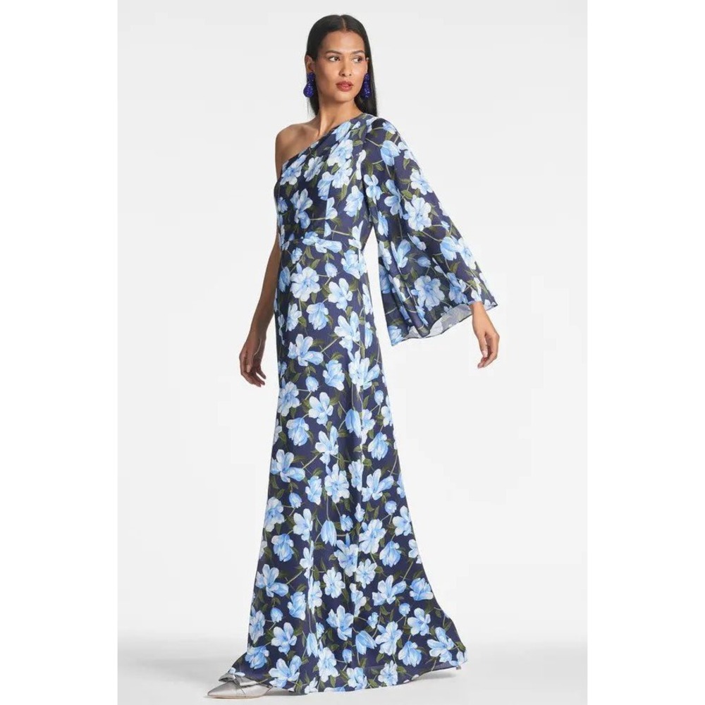 Sachin & Babi One Shoulder Gown Women 10 Ocean Blue Magnolia Print Maxi Dress